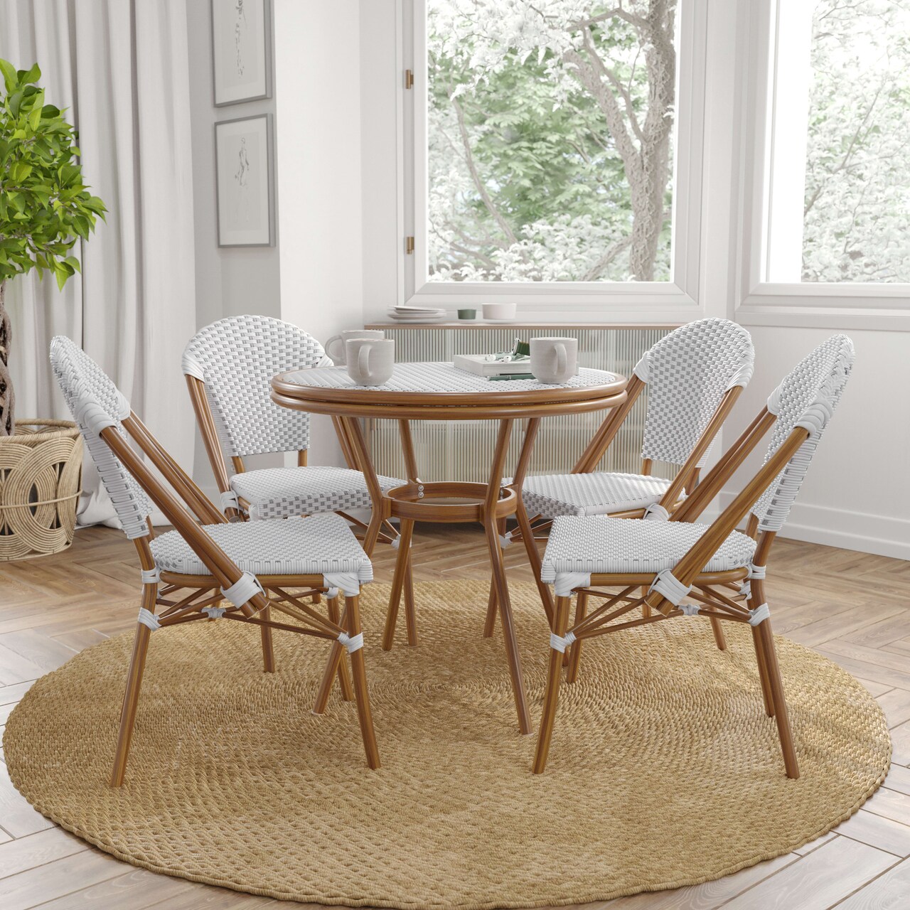 Merrick Lane Celia Bistro Style Table with Glass Top, PE Rattan, 2 Stack Chairs, and Bamboo Finished Metal Frame for Indoor/Outdoor Use